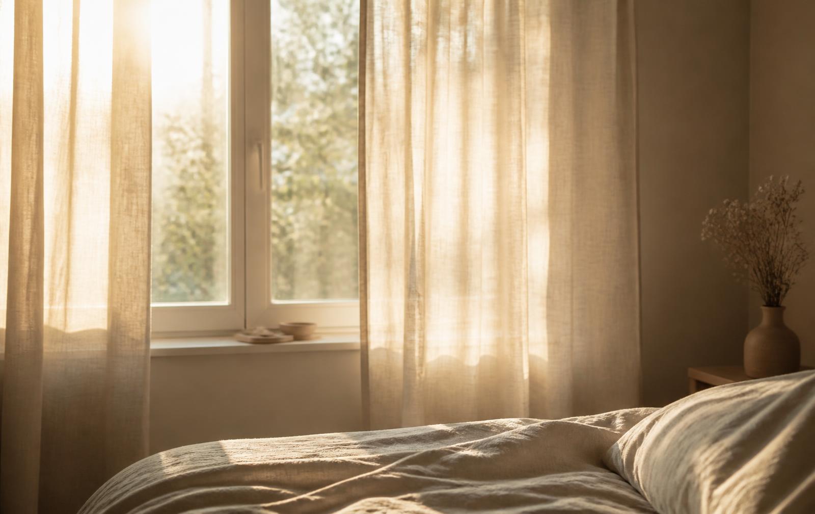 Late afternoon light through linen curtains in a quiet bedroom