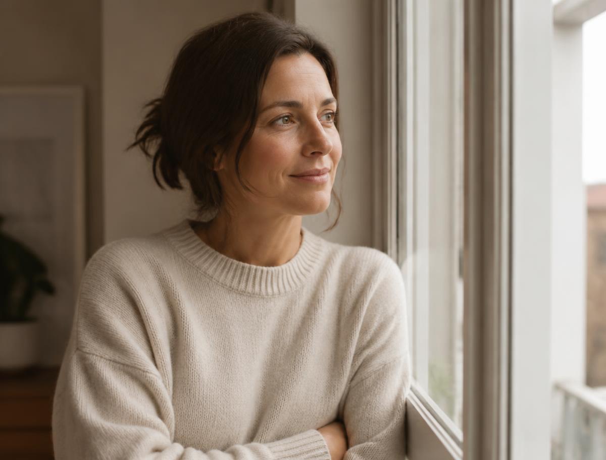 A woman standing by a window in a cream sweater, looking out